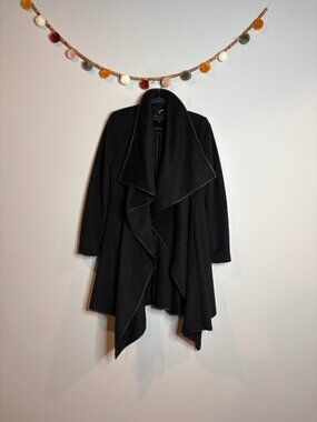 BCBG MaxAzria black wool blend open waterfall wrap coat